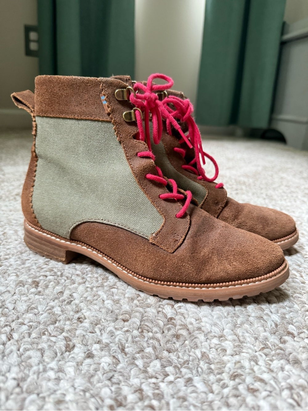 Toms Nolita Brown Suede and Olive Canvas Lace-Up Ankle Boots with Red Laces